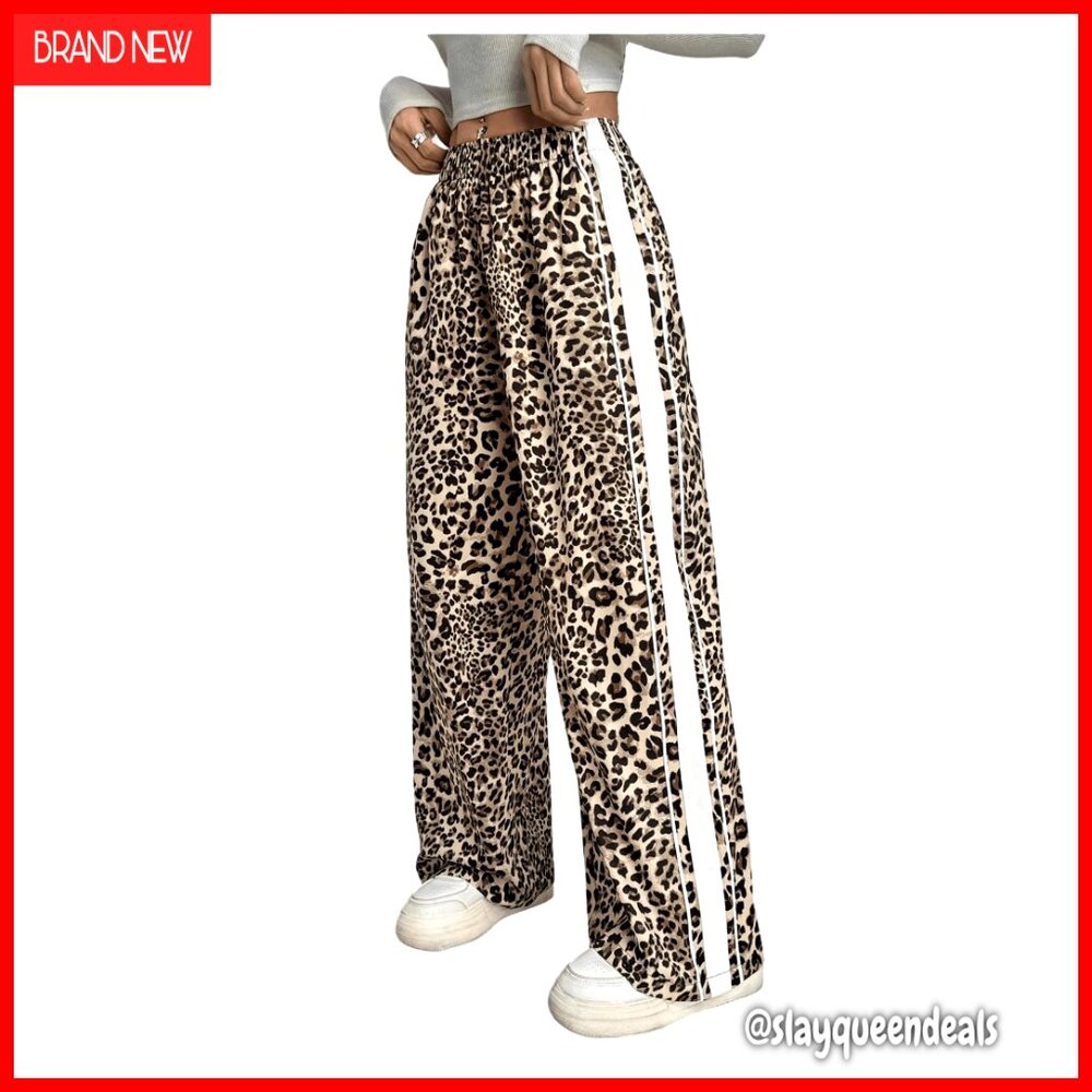 Petite Leopard Print Baggy Pants, Elastic Waist, Straight Leg, Casual Wear